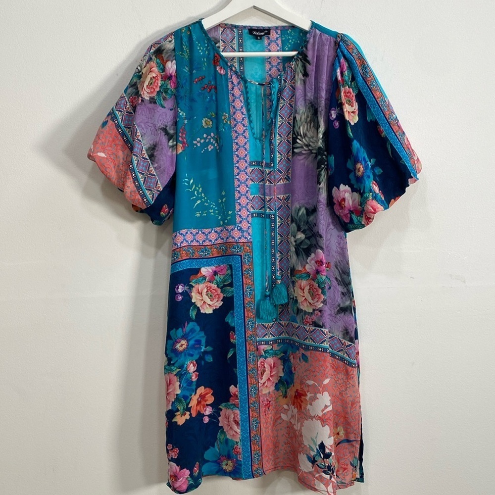 Tolani Silk Patchwork Puffed Sleeve Dress Small